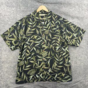 Tommy Bahama Shirt Mens M Black‎ Green 100% Silk Button Up Hawaiian Aloha Floral